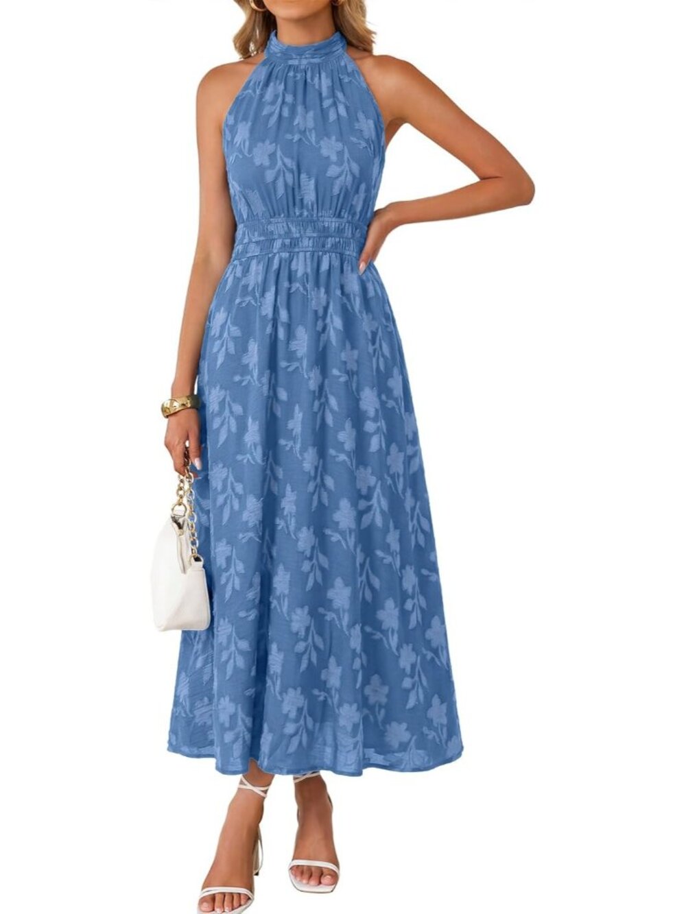 Women's Blue Summer Sleeveless Halter Boho Floral Wedding Guest Maxi Dresses